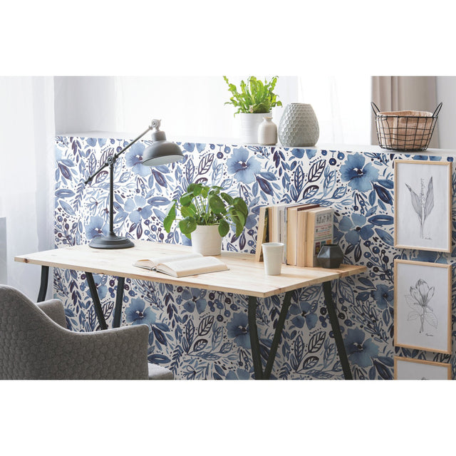 Clara Jean April Showers Blue Peel & Stick Wallpaper with Whimsical Nature Floral Pattern - York RMK11838WP
