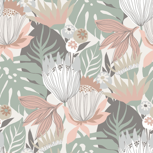 Retro Tropical Leaves Pink Peel & Stick Wallpaper with Botanical Retro Pattern - York RMK11844WP