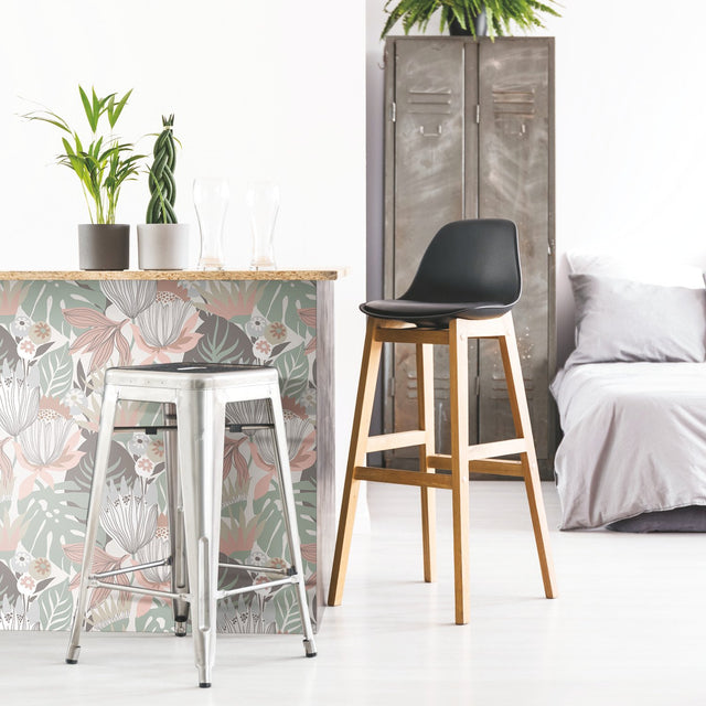 Retro Tropical Leaves Pink Peel & Stick Wallpaper with Botanical Retro Pattern - York RMK11844WP
