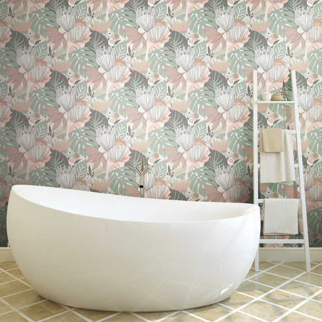 Retro Tropical Leaves Pink Peel & Stick Wallpaper with Botanical Retro Pattern - York RMK11844WP