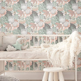 Retro Tropical Leaves Pink Peel & Stick Wallpaper with Botanical Retro Pattern - York RMK11844WP