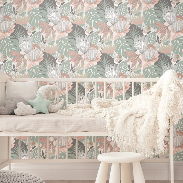 Retro Tropical Leaves Pink Peel & Stick Wallpaper with Botanical Retro Pattern - York RMK11844WP