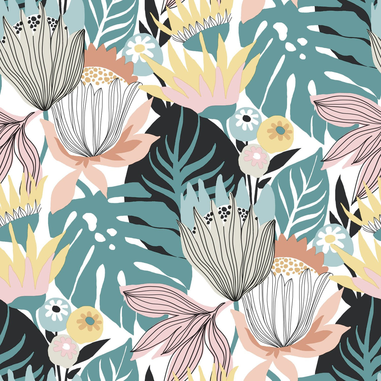 Retro Tropical Leaves Green Peel & Stick Wallpaper with Retro Botanical Leaf Pattern - RoomMates RMK11846WP