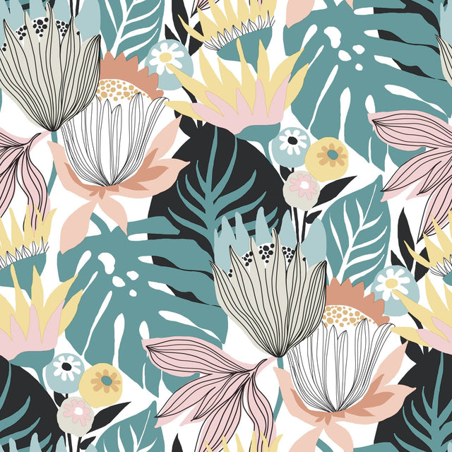 Retro Tropical Leaves Green Peel & Stick Wallpaper with Retro Botanical Leaf Pattern - RoomMates RMK11846WP