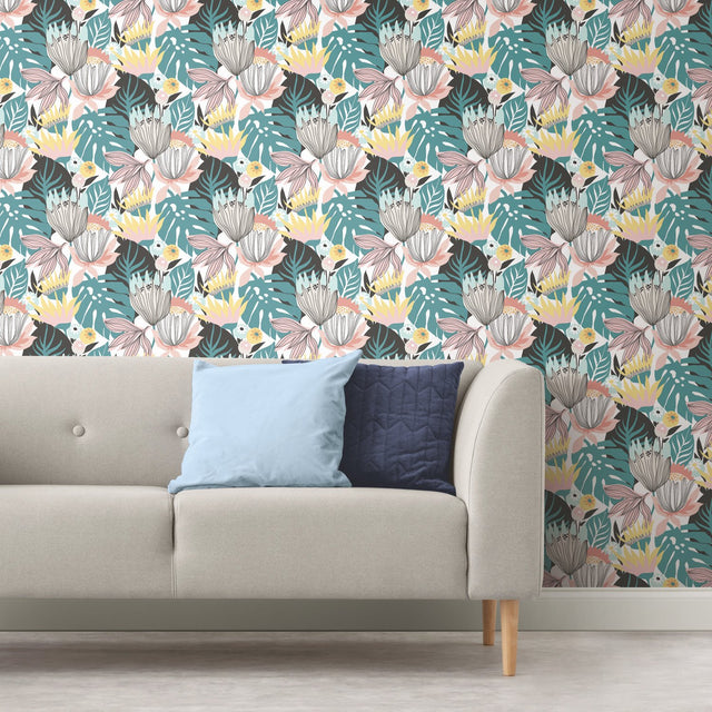 Retro Tropical Leaves Green Peel & Stick Wallpaper with Retro Botanical Leaf Pattern - RoomMates RMK11846WP