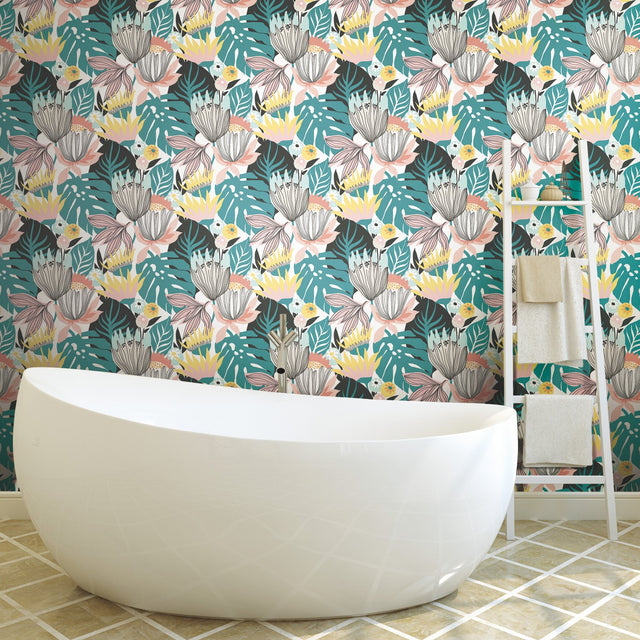 Retro Tropical Leaves Green Peel & Stick Wallpaper with Retro Botanical Leaf Pattern - RoomMates RMK11846WP
