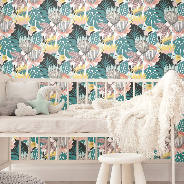 Retro Tropical Leaves Green Peel & Stick Wallpaper with Retro Botanical Leaf Pattern - RoomMates RMK11846WP