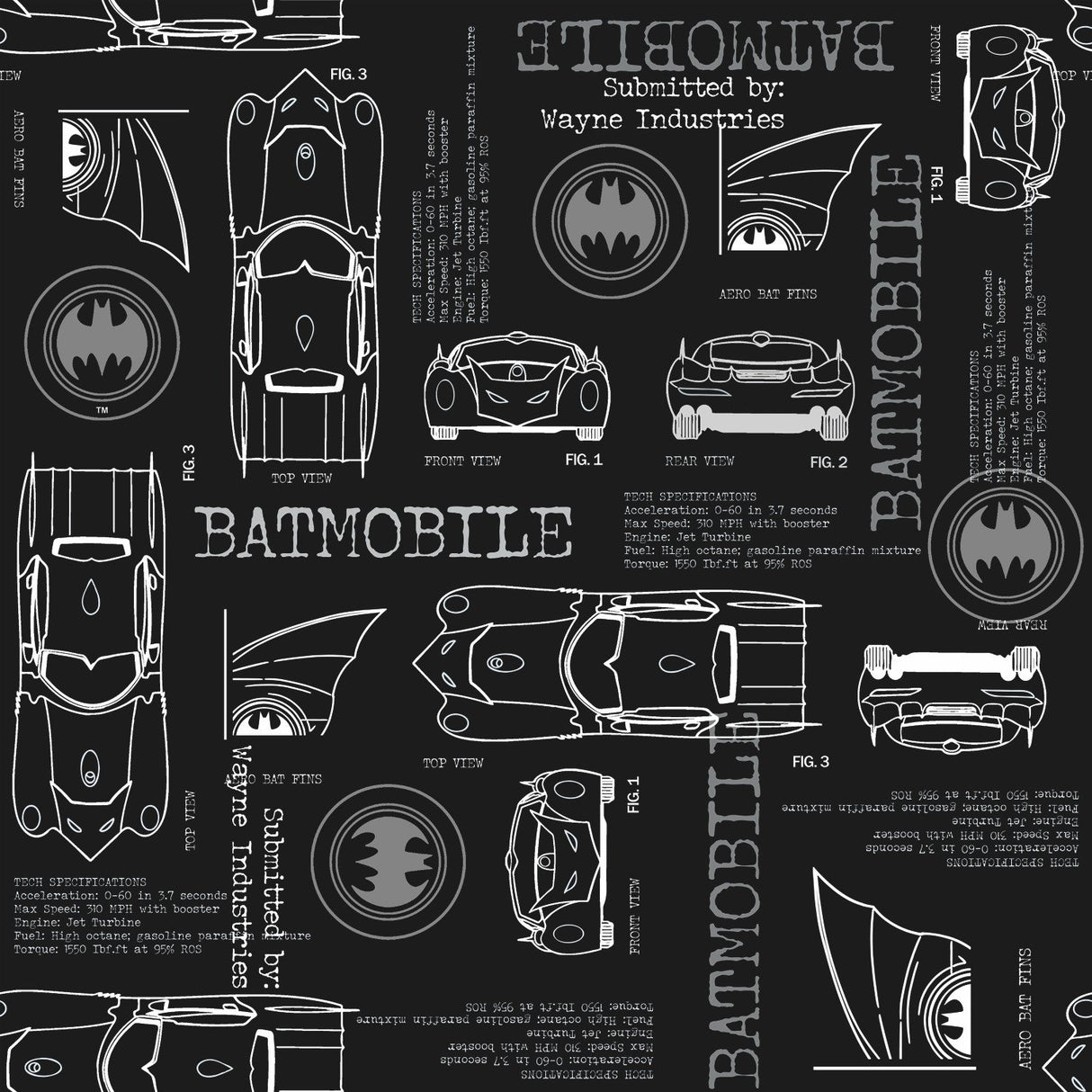 Batmobile Blueprint Grey Peel & Stick Wallpaper with Batman Blueprint Novelty Design - York RMK11849RL