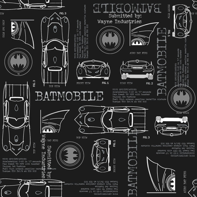 Batmobile Blueprint Grey Peel & Stick Wallpaper with Batman Blueprint Novelty Design - York RMK11849RL
