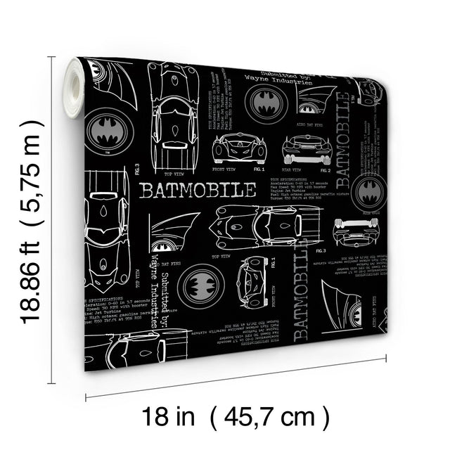 Batmobile Blueprint Grey Peel & Stick Wallpaper with Batman Blueprint Novelty Design - York RMK11849RL