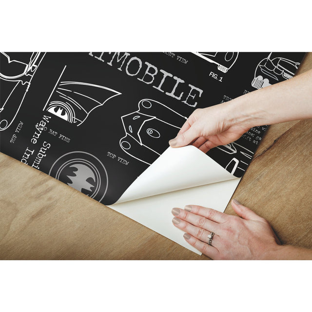 Batmobile Blueprint Grey Peel & Stick Wallpaper with Batman Blueprint Novelty Design - York RMK11849RL