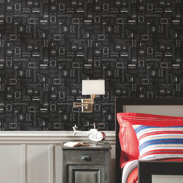 Batmobile Blueprint Grey Peel & Stick Wallpaper with Batman Blueprint Novelty Design - York RMK11849RL