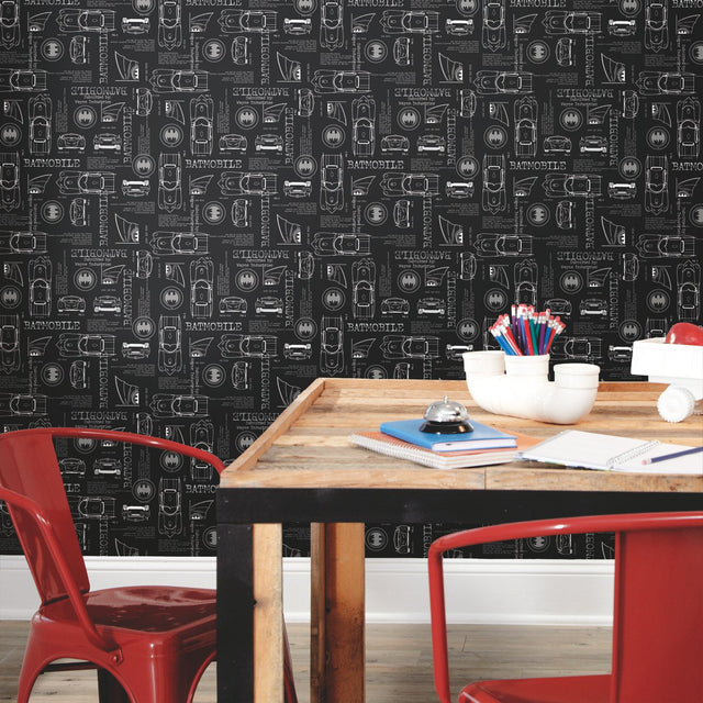 Batmobile Blueprint Grey Peel & Stick Wallpaper with Batman Blueprint Novelty Design - York RMK11849RL