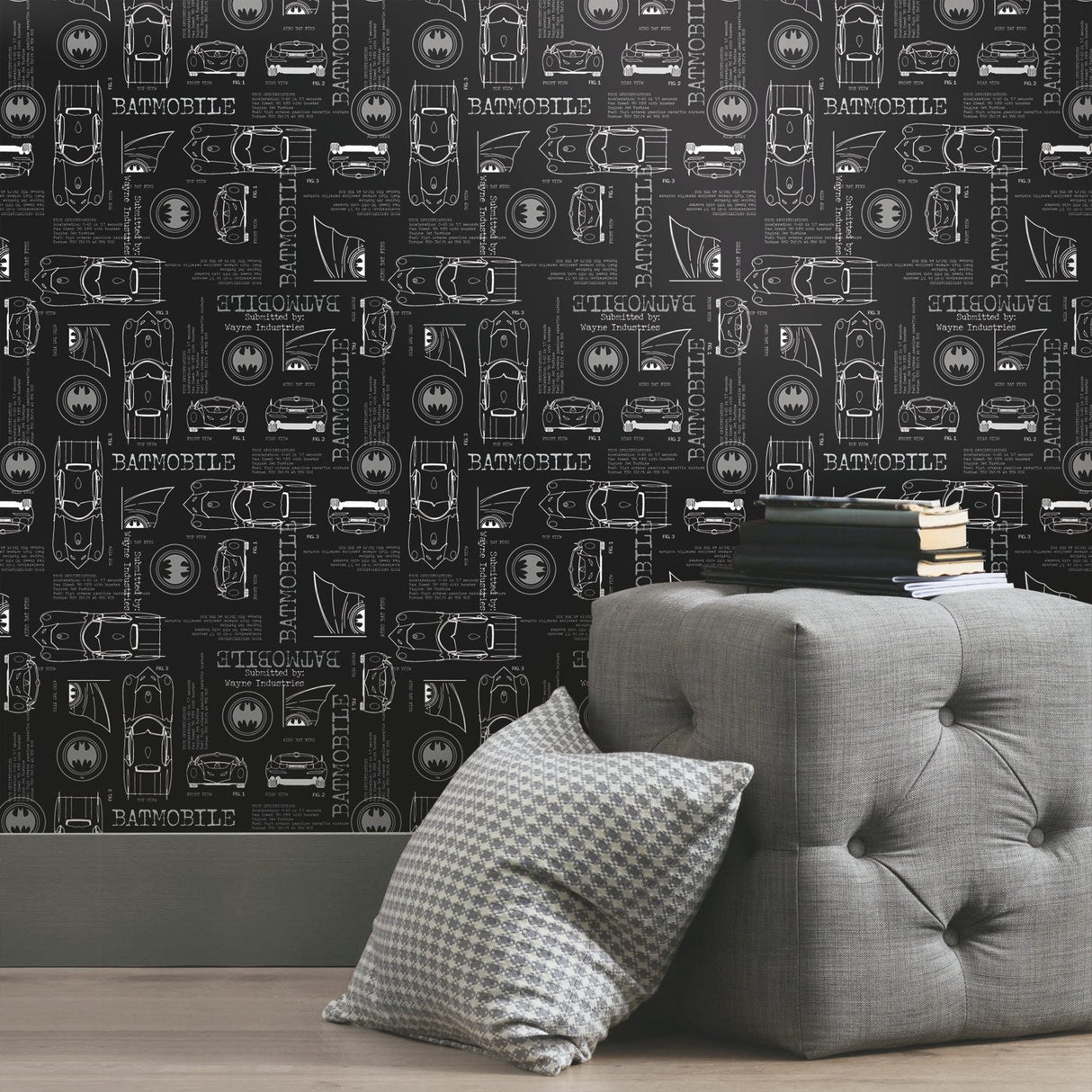 Batmobile Blueprint Grey Peel & Stick Wallpaper with Batman Blueprint Novelty Design - York RMK11849RL