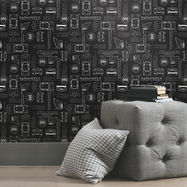 Batmobile Blueprint Grey Peel & Stick Wallpaper with Batman Blueprint Novelty Design - York RMK11849RL