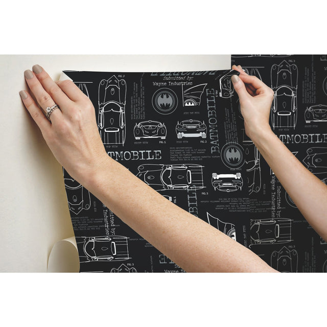 Batmobile Blueprint Grey Peel & Stick Wallpaper with Batman Blueprint Novelty Design - York RMK11849RL