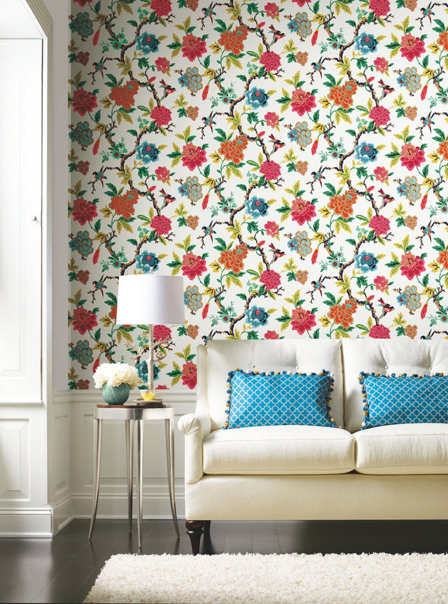 Candid Moments Red Peel & Stick Wallpaper with Botanical Birds Floral - York RMK11861RL