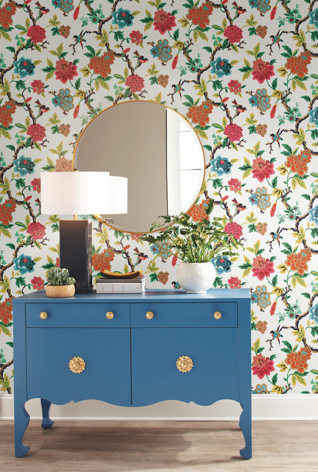 Candid Moments Red Peel & Stick Wallpaper with Botanical Birds Floral - York RMK11861RL