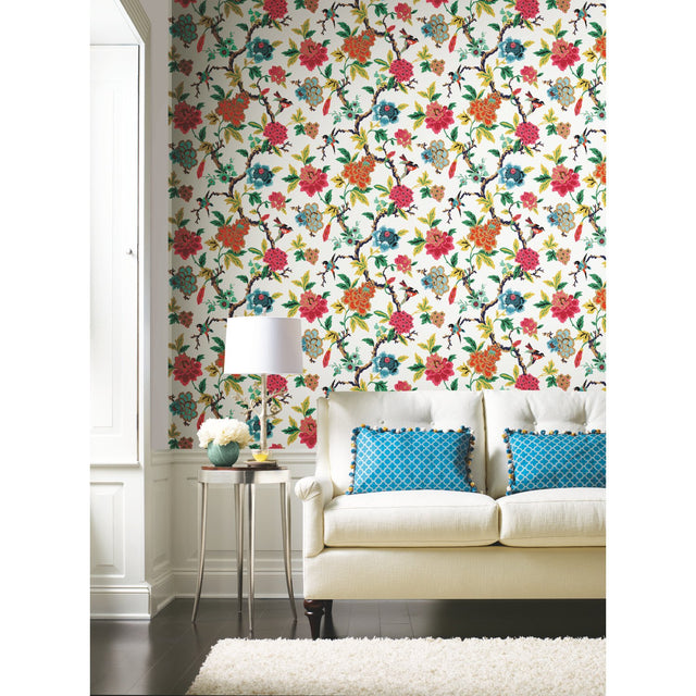 Candid Moments Red Peel & Stick Wallpaper with Botanical Birds Floral - York RMK11861RL