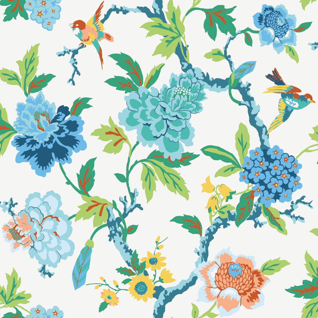 Candid Moments Blue Peel & Stick Wallpaper with Botanical Bird Floral Pattern, Traditional Style - York RMK11862RL