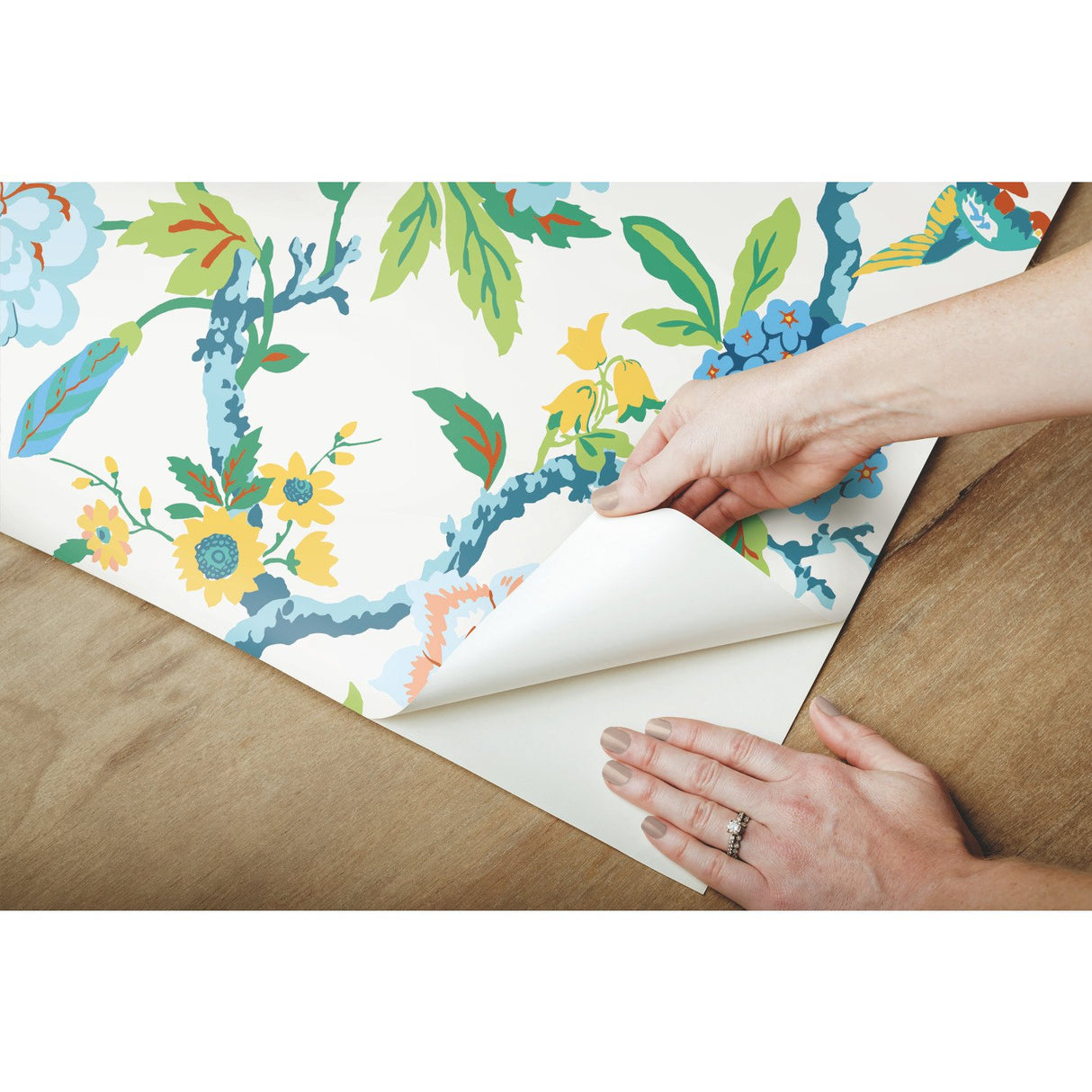 Candid Moments Blue Peel & Stick Wallpaper with Botanical Bird Floral Pattern, Traditional Style - York RMK11862RL