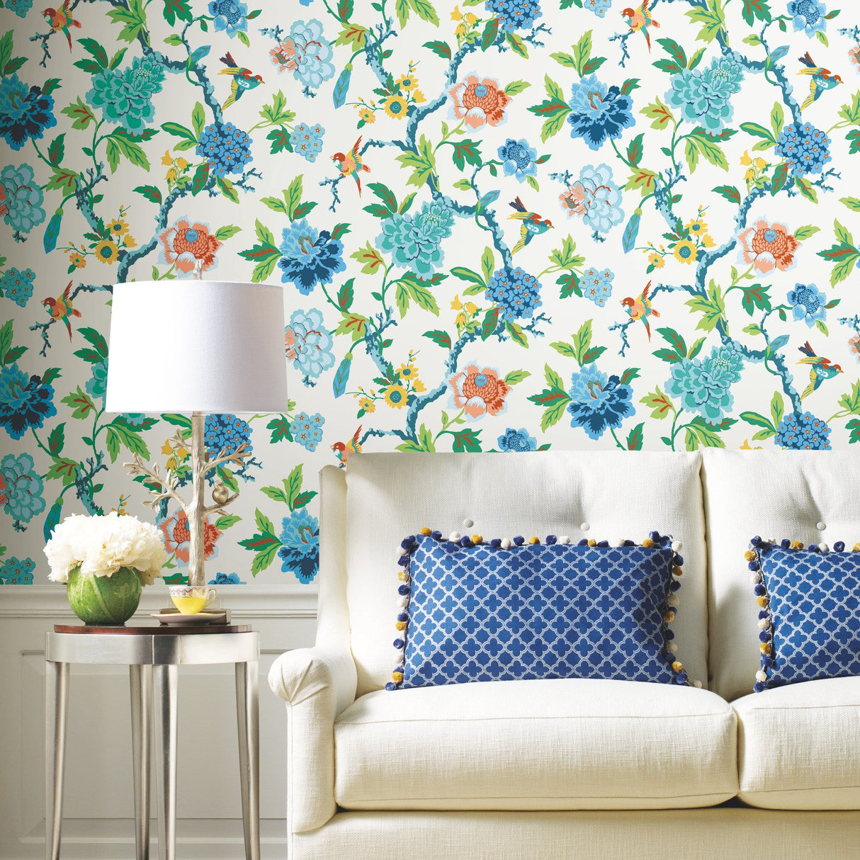 Candid Moments Blue Peel & Stick Wallpaper with Botanical Bird Floral Pattern, Traditional Style - York RMK11862RL