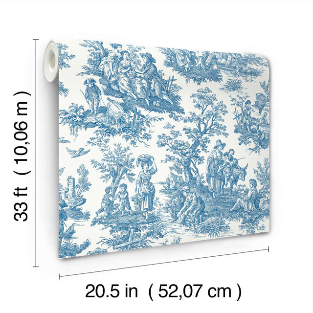 Country Life Toile Blue Peel & Stick Wallpaper with Country Toile Pattern - York RMK11868WP