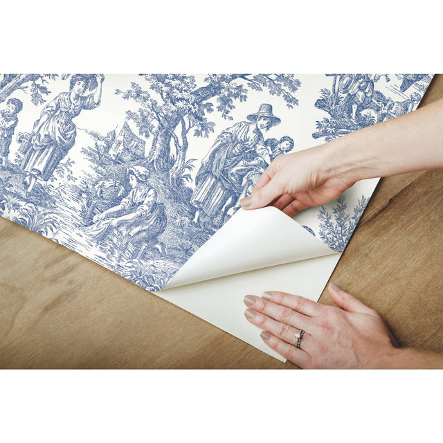 Country Life Toile Blue Peel & Stick Wallpaper with Country Toile Pattern - York RMK11868WP