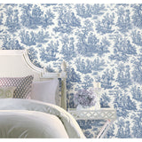 Country Life Toile Blue Peel & Stick Wallpaper with Country Toile Pattern - York RMK11868WP