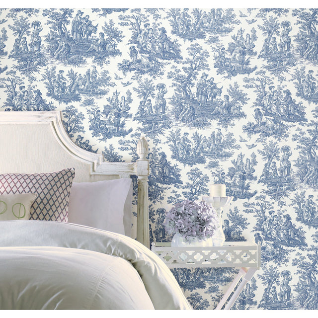 Country Life Toile Blue Peel & Stick Wallpaper with Country Toile Pattern - York RMK11868WP