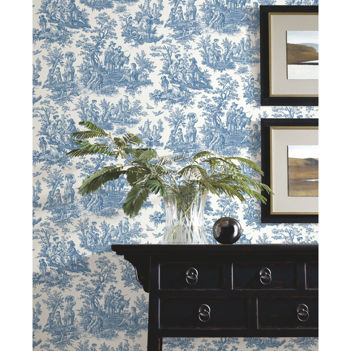 Country Life Toile Blue Peel & Stick Wallpaper with Country Toile Pattern - York RMK11868WP