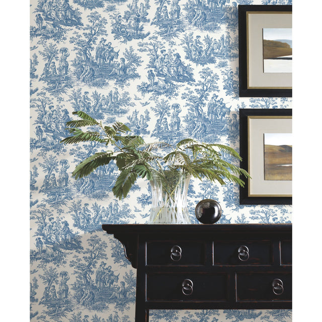 Country Life Toile Blue Peel & Stick Wallpaper with Country Toile Pattern - York RMK11868WP