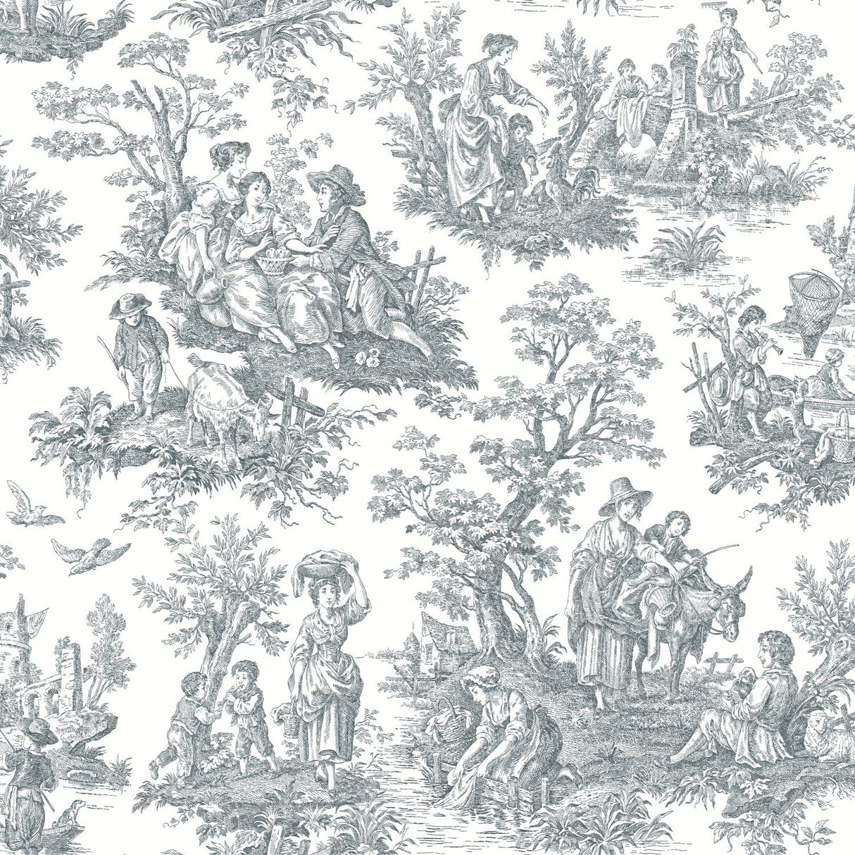 Country Life Toile Grey Peel & Stick Wallpaper with Classic Country Toile Pattern - York RMK11869WP
