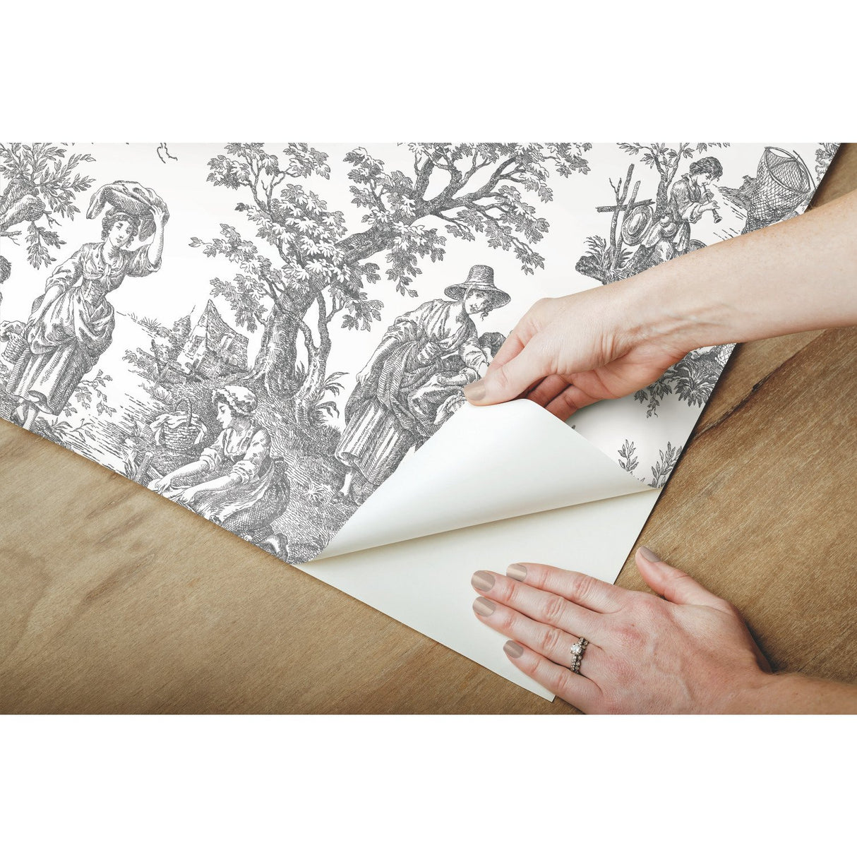 Country Life Toile Grey Peel & Stick Wallpaper with Classic Country Toile Pattern - York RMK11869WP