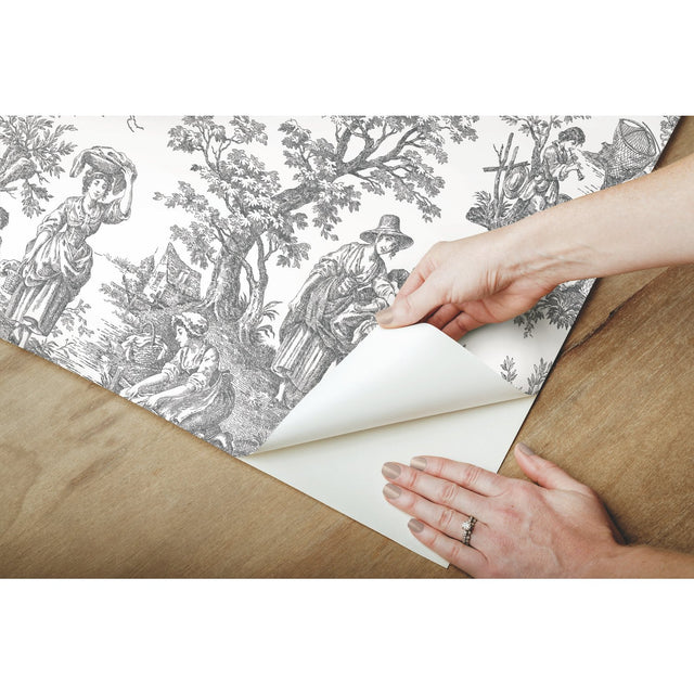 Country Life Toile Grey Peel & Stick Wallpaper with Classic Country Toile Pattern - York RMK11869WP