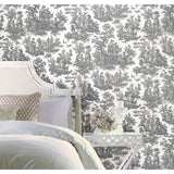 Country Life Toile Grey Peel & Stick Wallpaper with Classic Country Toile Pattern - York RMK11869WP