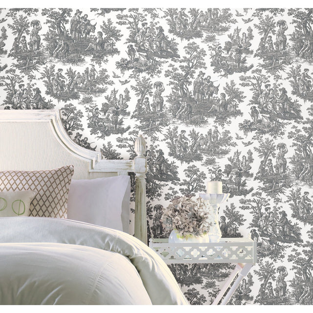 Country Life Toile Grey Peel & Stick Wallpaper with Classic Country Toile Pattern - York RMK11869WP