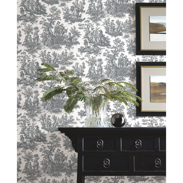 Country Life Toile Grey Peel & Stick Wallpaper with Classic Country Toile Pattern - York RMK11869WP