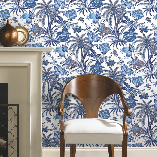 Exotic Curiosity Blue Peel & Stick Wallpaper with Botanical Floral Pattern, Modern Style - York RMK11881RL