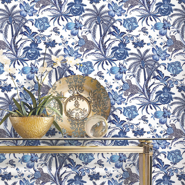 Exotic Curiosity Blue Peel & Stick Wallpaper with Botanical Floral Pattern, Modern Style - York RMK11881RL