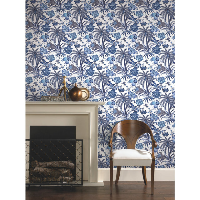 Exotic Curiosity Blue Peel & Stick Wallpaper with Botanical Floral Pattern, Modern Style - York RMK11881RL