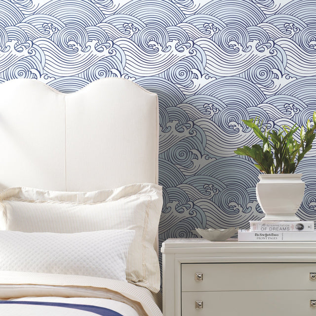 Asian Waves Blue Peel & Stick Wallpaper with Coastal Novelty Pattern - York RMK11900RL