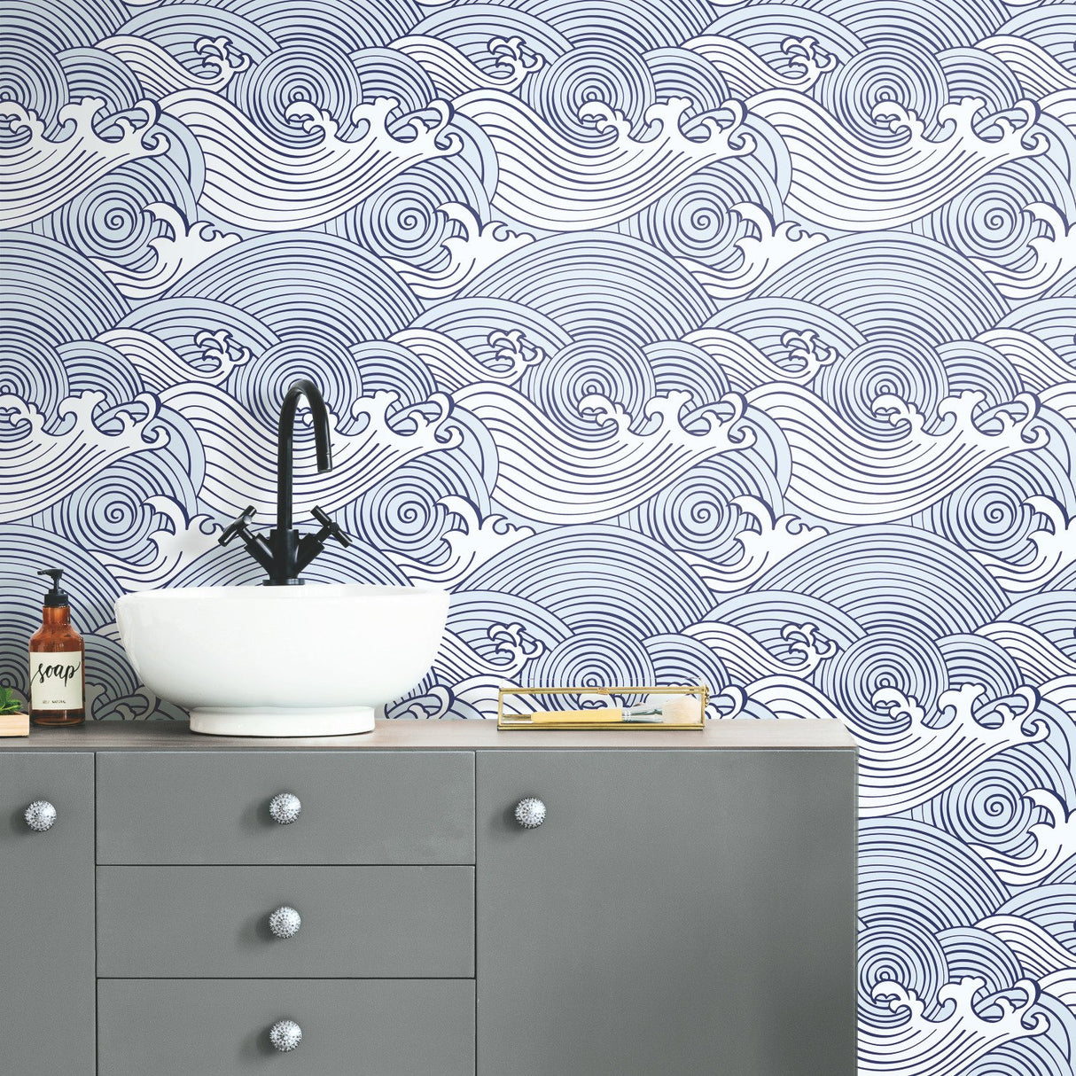 Asian Waves Blue Peel & Stick Wallpaper with Coastal Novelty Pattern - York RMK11900RL