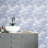 Asian Waves Blue Peel & Stick Wallpaper with Coastal Novelty Pattern - York RMK11900RL