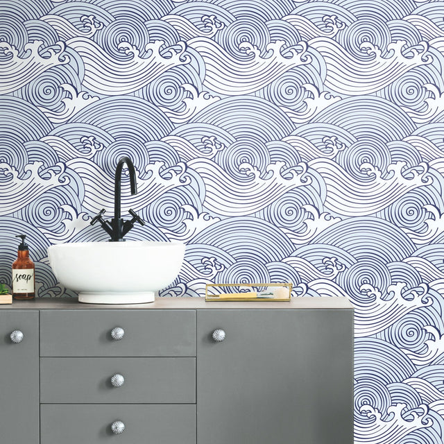 Asian Waves Blue Peel & Stick Wallpaper with Coastal Novelty Pattern - York RMK11900RL