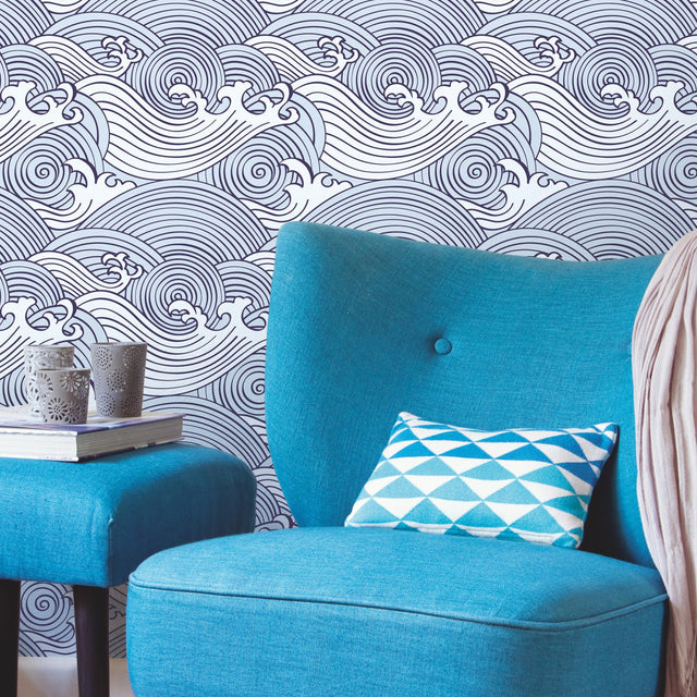 Asian Waves Blue Peel & Stick Wallpaper with Coastal Novelty Pattern - York RMK11900RL