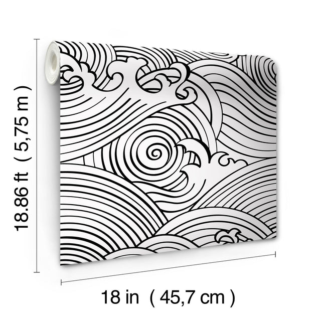Asian Waves Black Peel & Stick Wallpaper with Coastal Novelty Pattern - York RMK11901RL