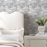 Asian Waves Black Peel & Stick Wallpaper with Coastal Novelty Pattern - York RMK11901RL