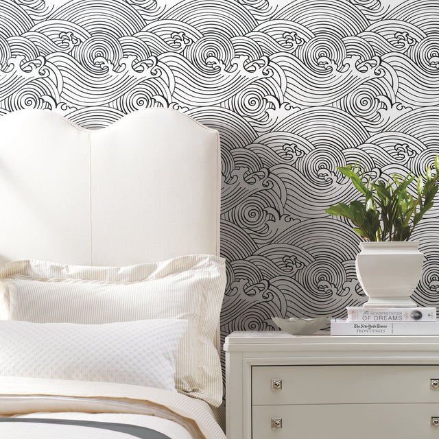 Asian Waves Black Peel & Stick Wallpaper with Coastal Novelty Pattern - York RMK11901RL