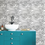 Asian Waves Black Peel & Stick Wallpaper with Coastal Novelty Pattern - York RMK11901RL